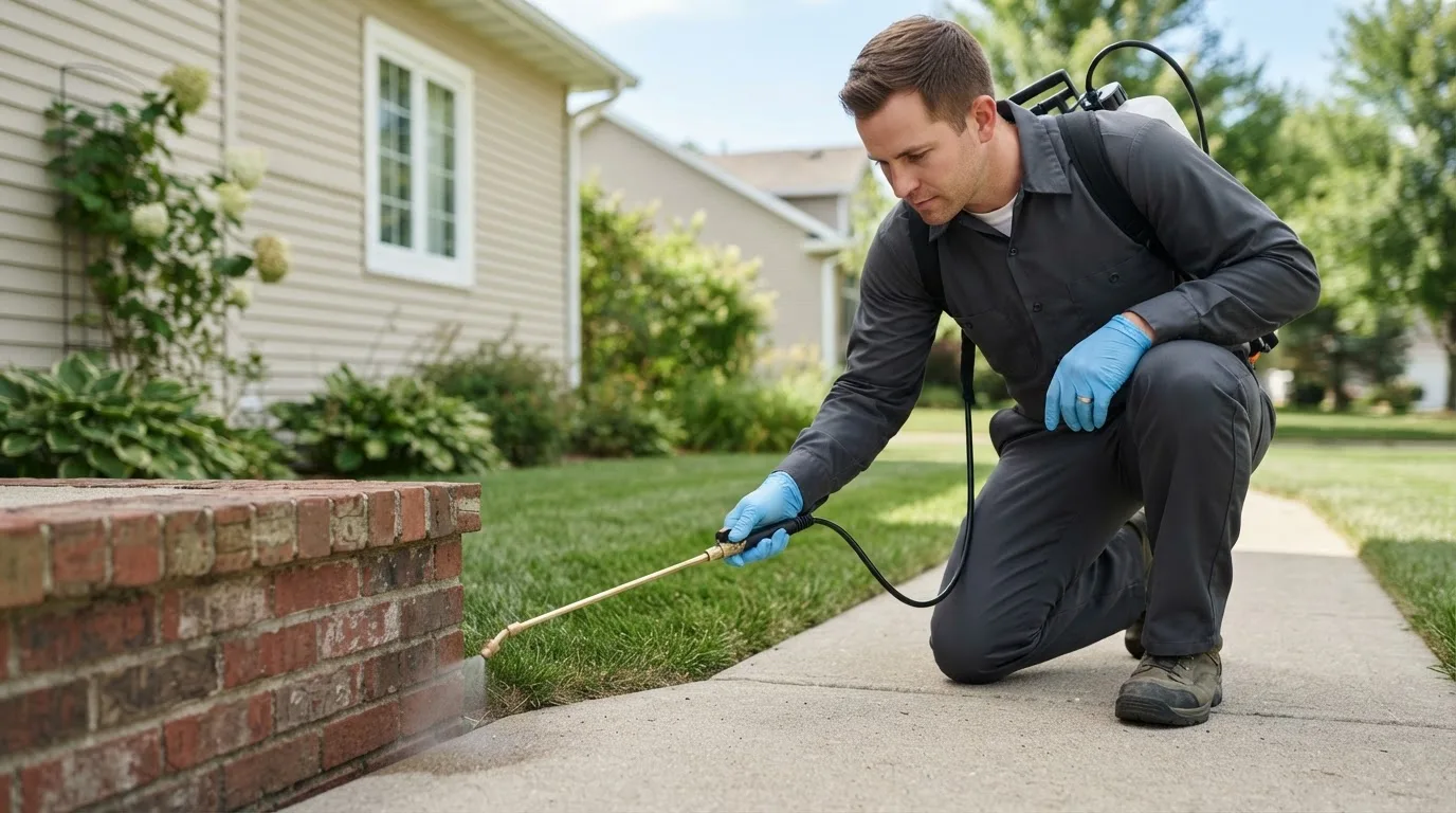Pest control technician treating a home near Sherrodsville, OH