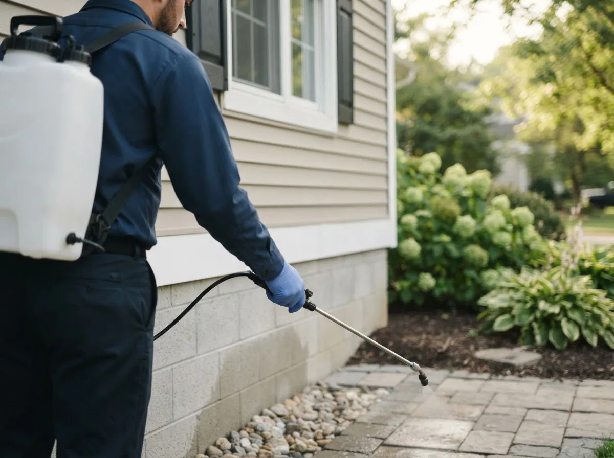 Pest control technician inspecting a home in Sherrodsville, OH